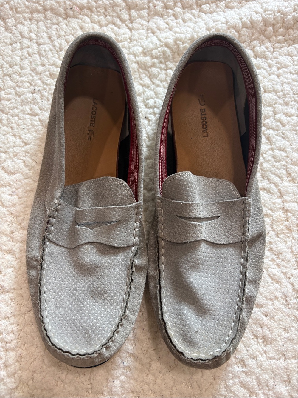 Lacoste Men's Light Gray Suede Penny Loafers with Maroon Trim